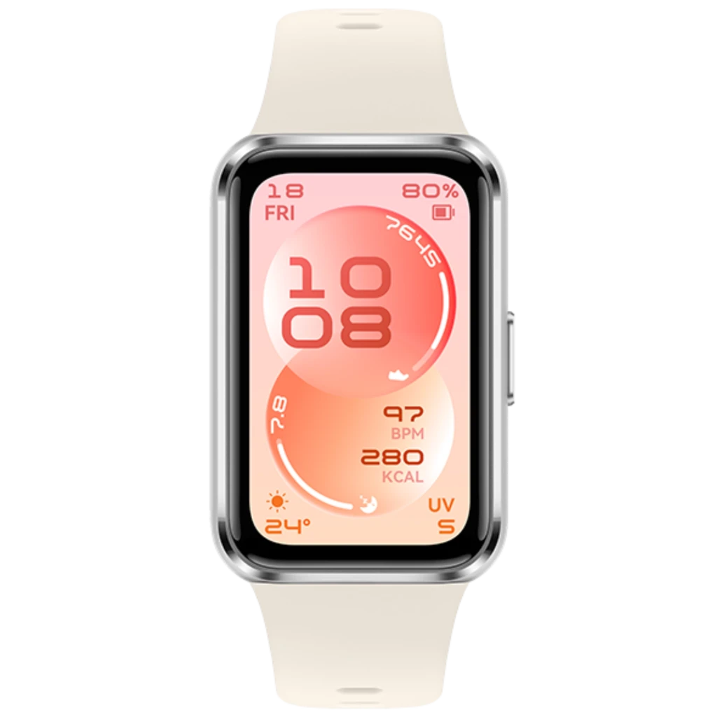 Huawei Band 11 pulsera blanca con pantalla AMOLED 1,62 pulgadas, bordes curvos, correas de silicona, métricas de salud visibles y diseño resistente 5ATM