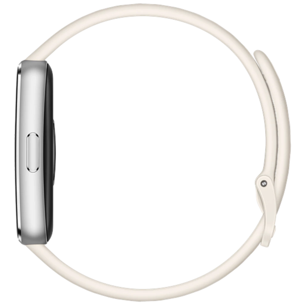 Huawei Band 11 blanca vista lateral con caja plateada, botón único y correa de silicona clara; pantalla 1,62 pulgadas AMOLED, diseño delgado y resistente