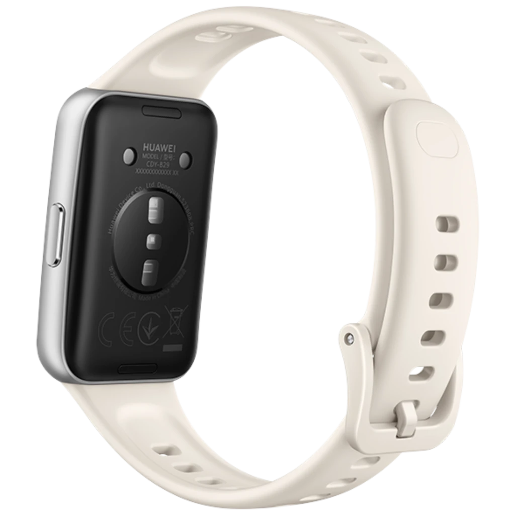 Huawei Band 11 pulsera blanca con pantalla AMOLED 1,62 pulgadas, correa de silicona con hebilla, parte trasera negra con sensores y resistencia 5ATM