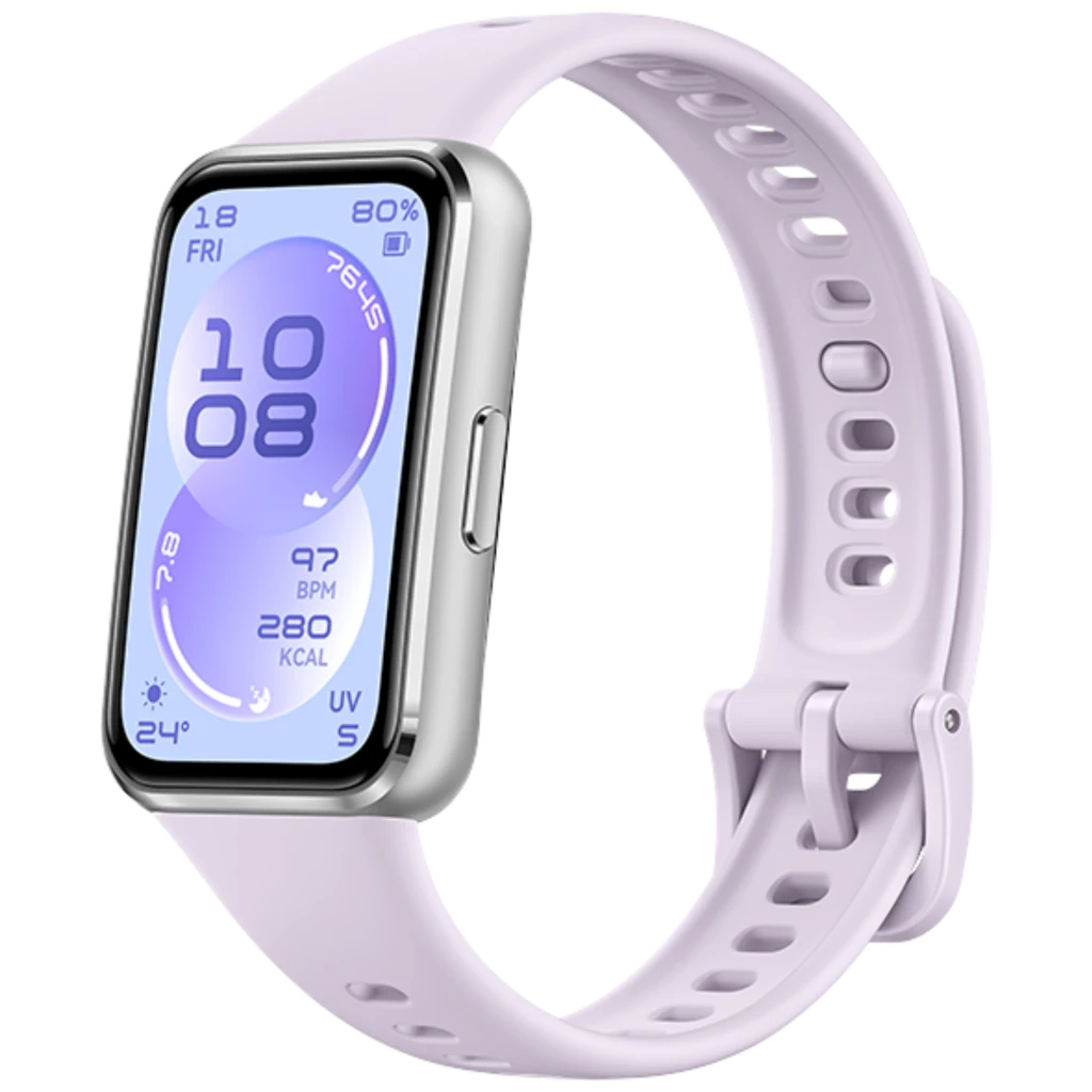 Huawei Band 11 violeta con pantalla AMOLED 1,62 pulgadas, borde metálico plateado, correa de silicona ajustable, diseño rectangular y botón lateral