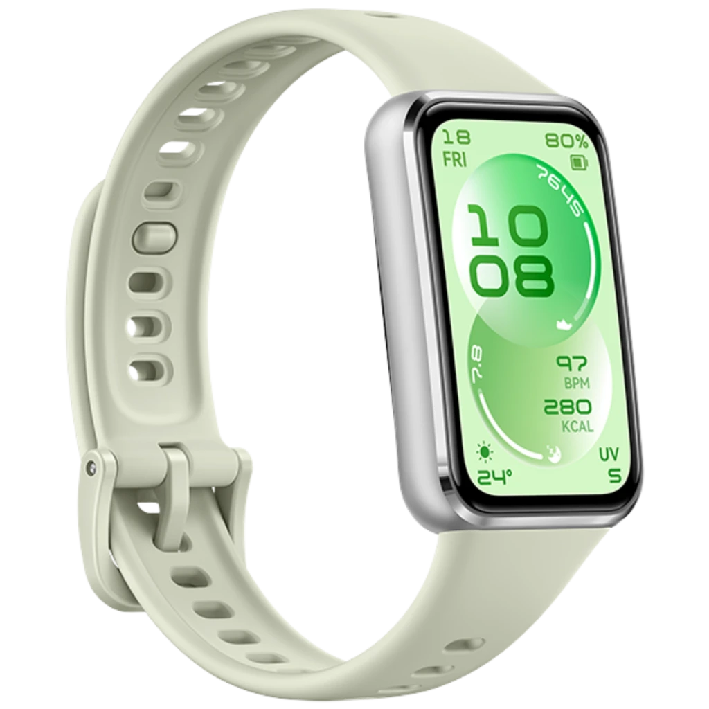 Huawei Band 11 verde con pantalla AMOLED 1,62 pulgada rectangular, bisel plateado y correa perforada ajustable; interfaz fitness con métricas en verde