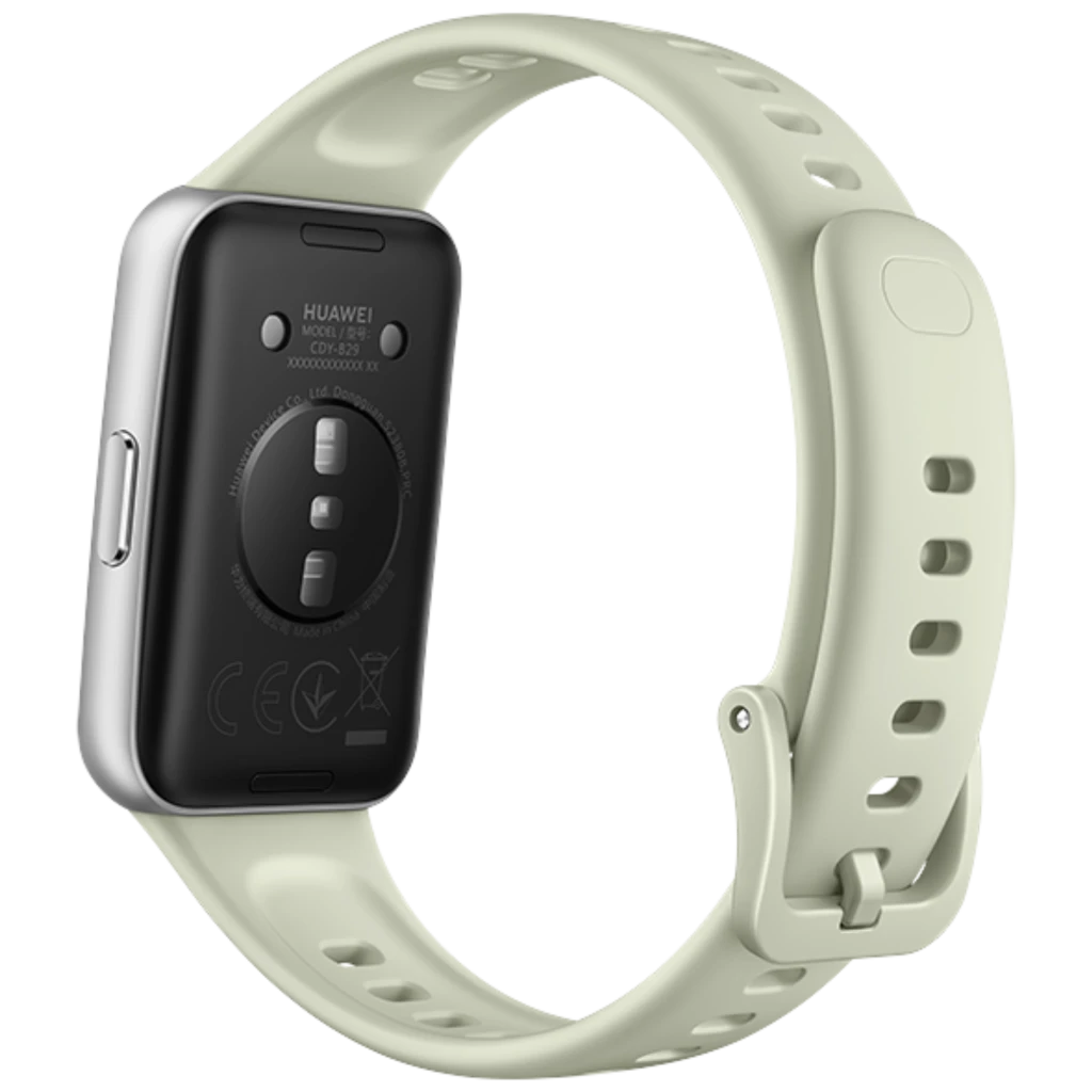 Correa verde ajustable con hebilla y cierre seguro para Huawei Band 11; cuerpo negro con sensores traseros y botón lateral, diseño ligero y resistente 5ATM