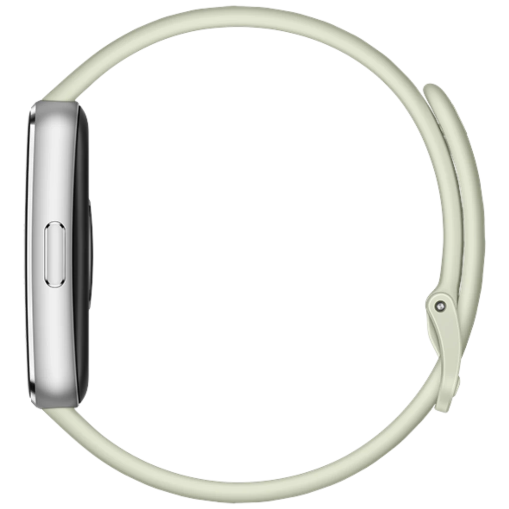 Huawei Band 11 verde vista lateral: caja plateada delgada con botón, pantalla 1,62 pulgadas AMOLED, correa flexible con hebilla; diseño 5ATM y autonomía 14