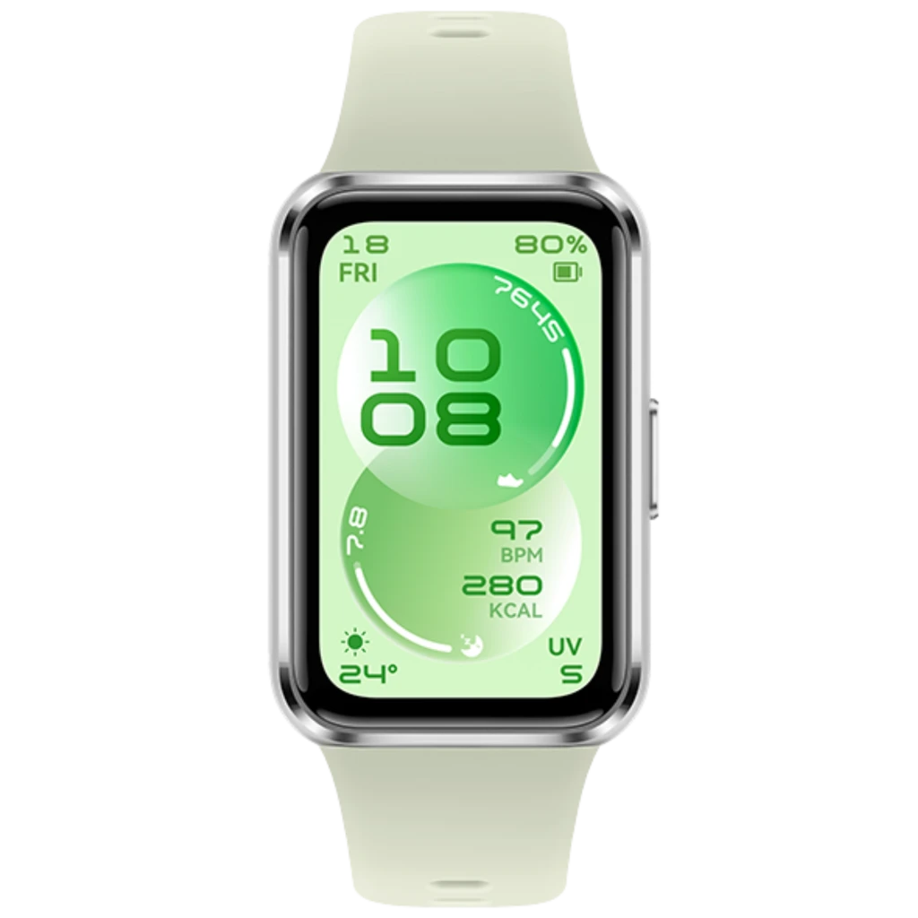 Huawei Band 11 verde con pantalla AMOLED 1,62 pulgada, marco plateado y correa de silicona; muestra hora, pasos, ritmo cardíaco, calorías y clima