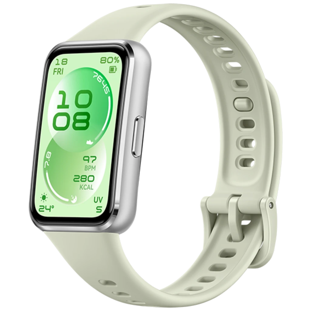 Huawei Band 11 verde con pantalla AMOLED 1,62, caja plateada y correa perforada ajustable; botón lateral, esfera digital con datos de salud y clima