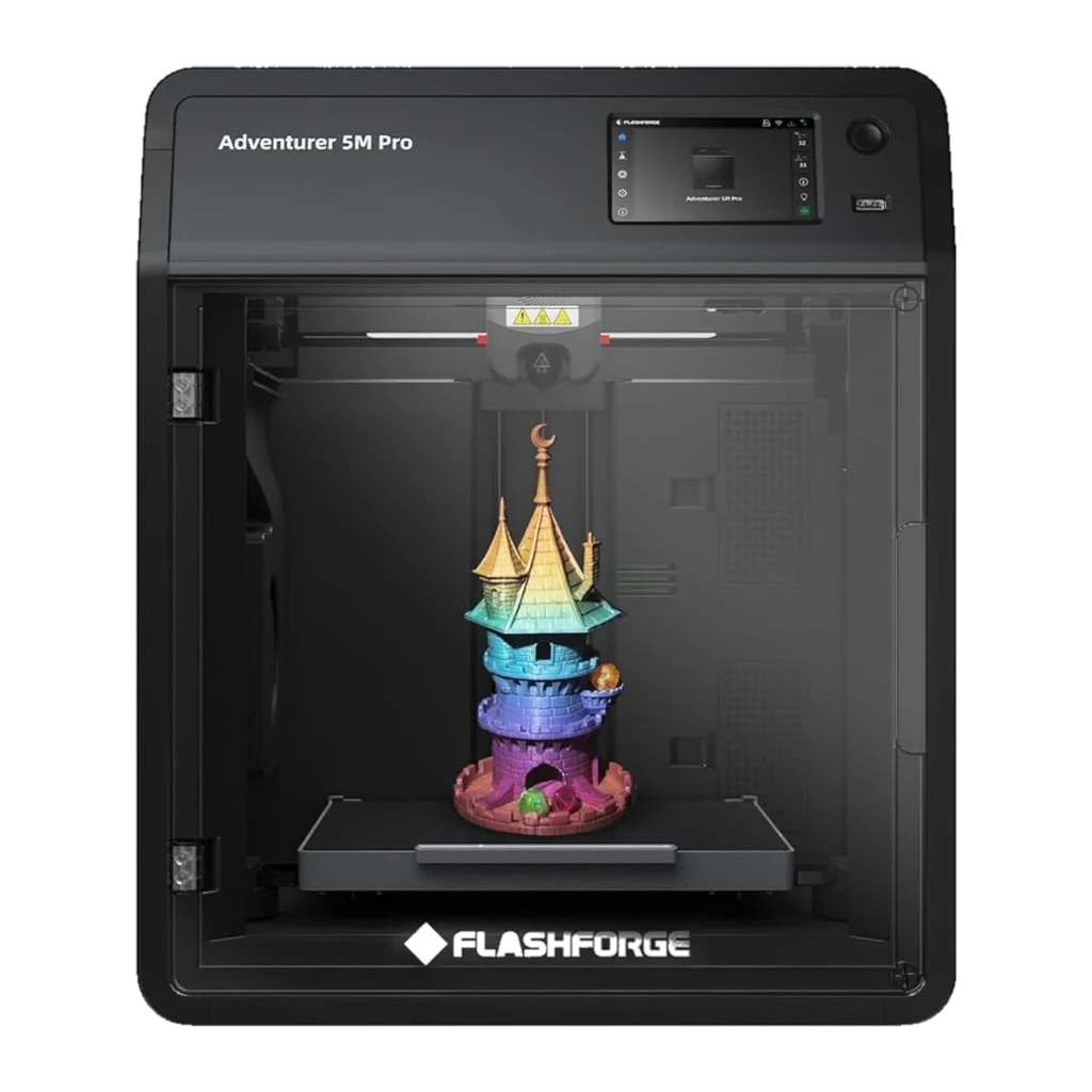 Impresora 3D Flashforge AD5M FDM con cabina cerrada, pantalla táctil, extrusor directo y volumen 220×220×220 mm; muestra modelo multicolor en la base