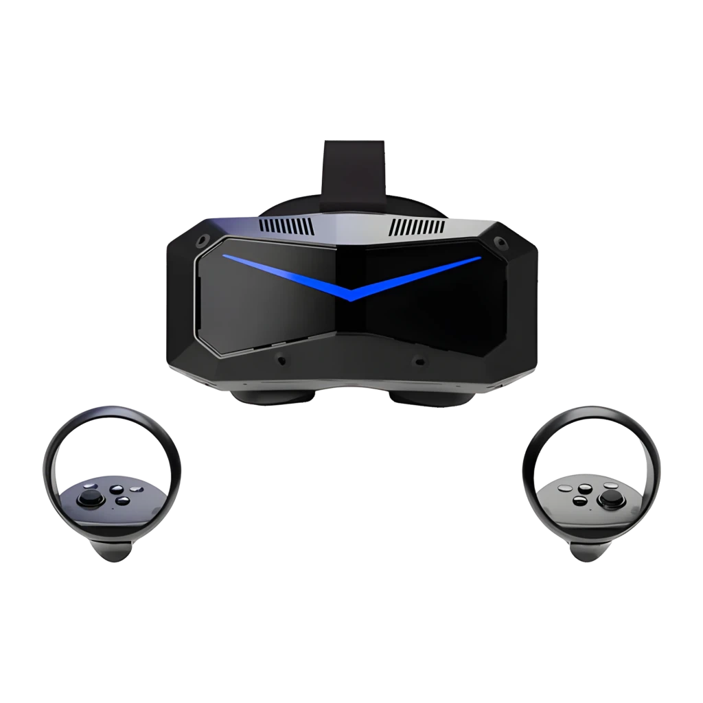 Pimax Crystal Super Ultrawide Realidad Virtual PCVR con visor negro angular, franja LED azul en V y dos controladores ergonómicos con joysticks y botones