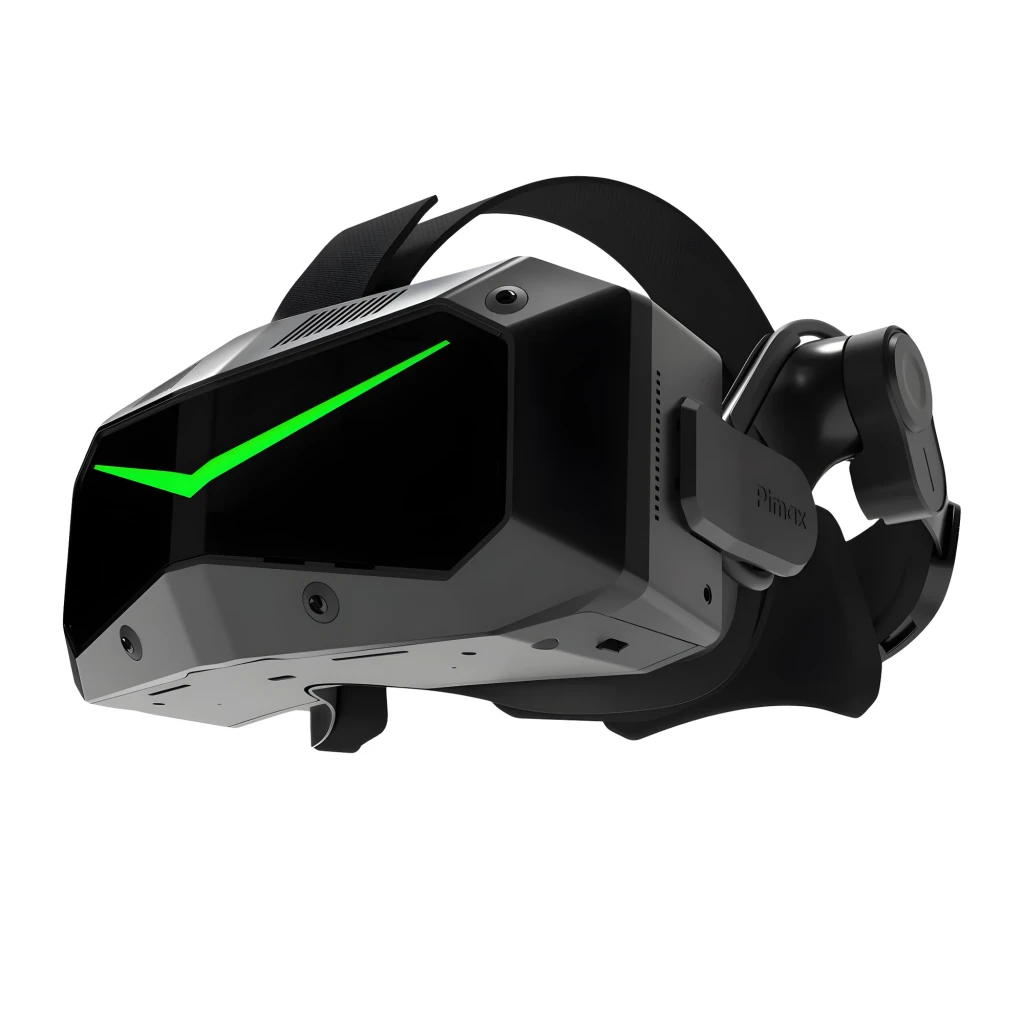 Pimax Crystal Super Ultrawide Realidad Virtual PCVR con diseño angular negro, visor frontal brillante y luz LED verde en V, correa ajustable y auriculares