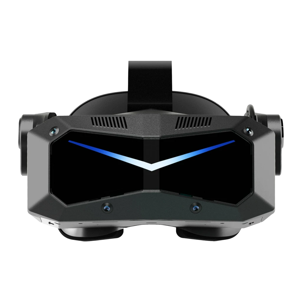 Pimax Crystal Super Ultrawide Realidad Virtual PCVR con frontal negro facetado, visor amplio en V azul, ventilaciones superiores y cámaras frontales para