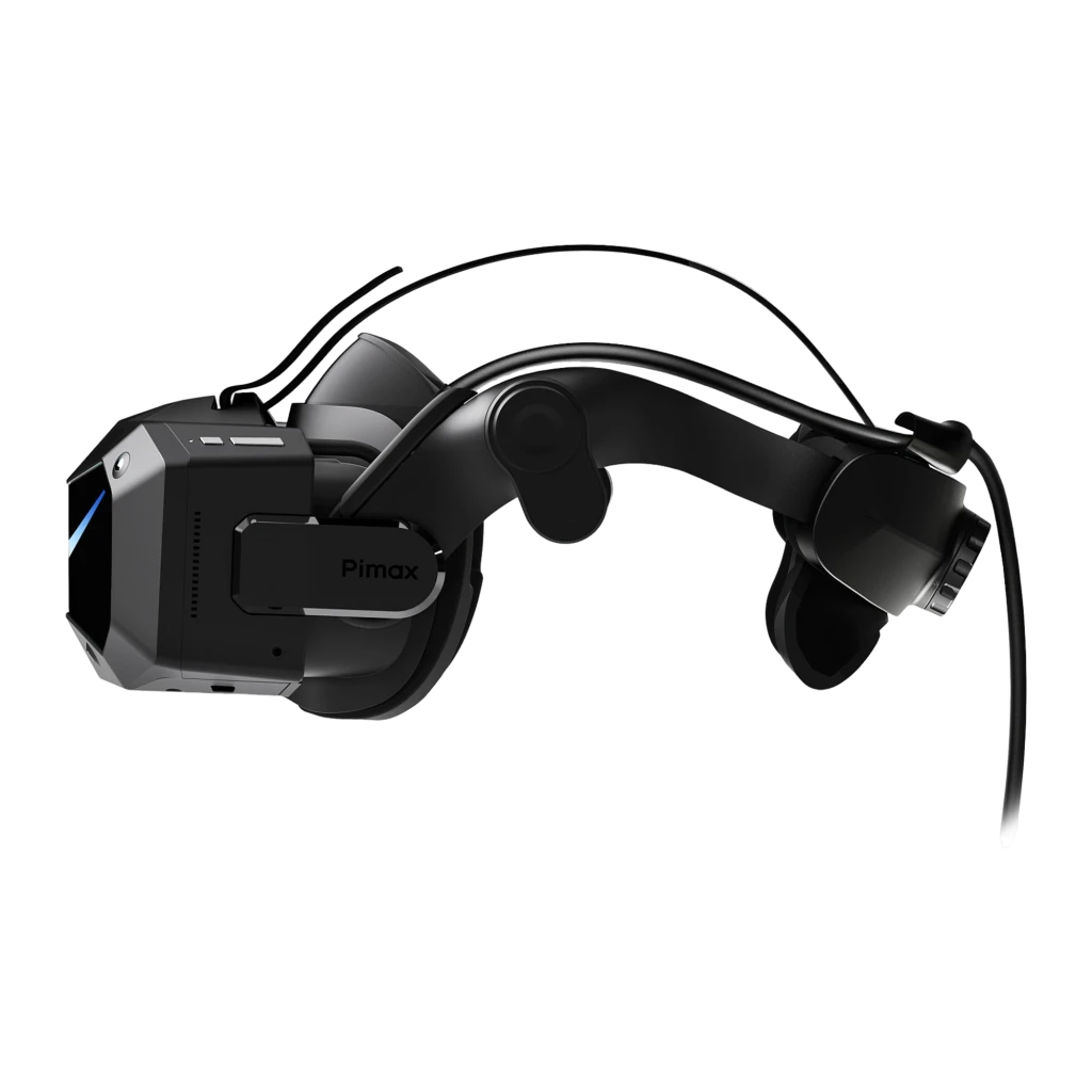 Visor Pimax Crystal Super Ultrawide PCVR negro con frontal facetado, franja LED azul en V, ventilaciones superiores y cámaras frontales para seguimiento