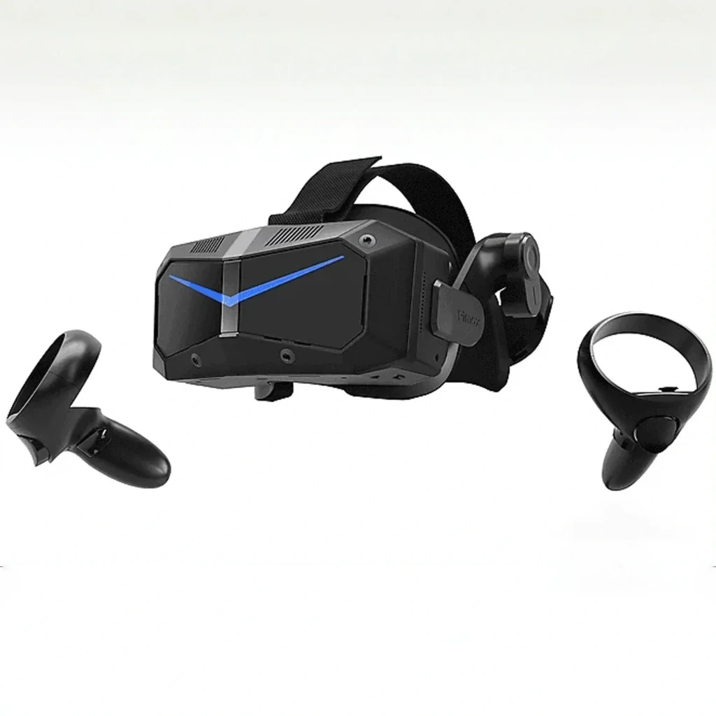 Pimax Crystal Super Ultrawide Realidad Virtual PCVR con visor negro angular, luz LED azul en V, correa ajustable y dos mandos ergonómicos negros
