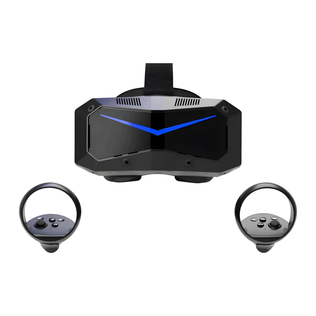 Pimax Crystal Super 57PPD Realidad Virtual PC con visor negro angular, franja LED azul y dos controladores ergonómicos con sticks y botones