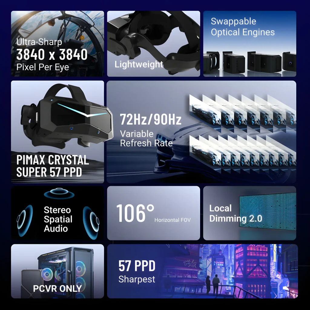 Pimax Crystal Super 57PPD: visor VR para PC con paneles 3840x3840 por ojo, 57 PPD, lentes intercambiables, 72/90 Hz, FOV 106°, audio espacial y atenuación