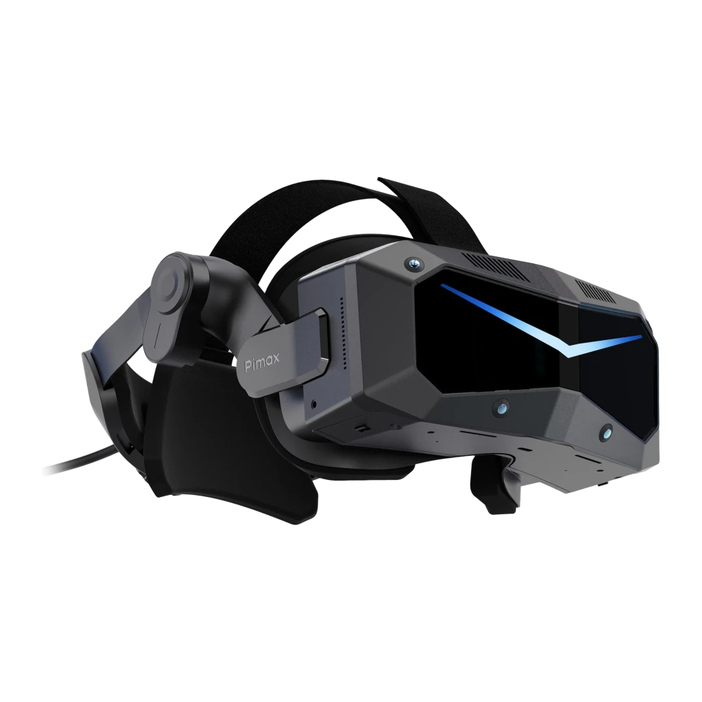 Pimax Crystal Super 57PPD Realidad Virtual PC con visor negro angular, panel frontal con franja LED azul, sujeción ajustable acolchada y almohadillas laterales