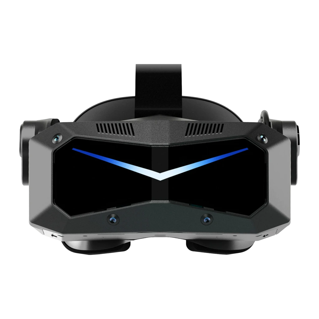 Pimax Crystal Super 57PPD Realidad Virtual PC con visor frontal negro angular, banda superior ajustable, ventilas superiores y franja luminosa azul en V