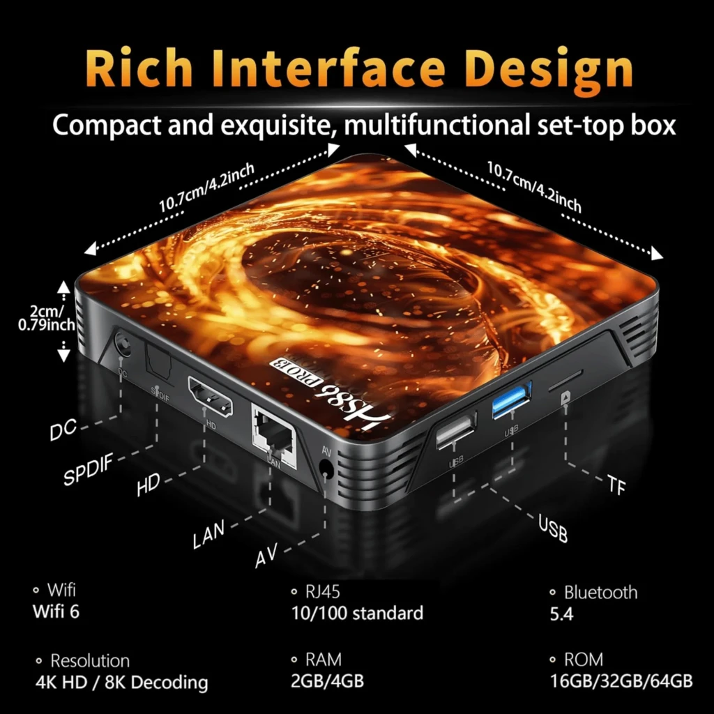 Caja Android HS86 Pro13 compacta con múltiples puertos: HDMI, LAN, USB, AV, SPDIF y ranura TF; indicadores LED azules; acabado negro con bordes ranurados