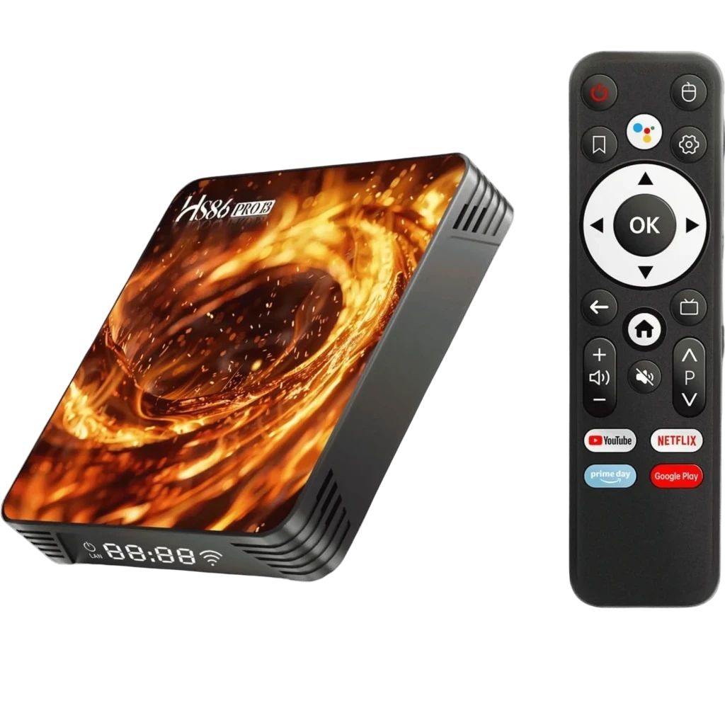 HS86 Pro13 TV box compacto con pantalla superior efecto fuego, display LED frontal y ranuras de ventilación; control remoto con botones para YouTube, Netflix