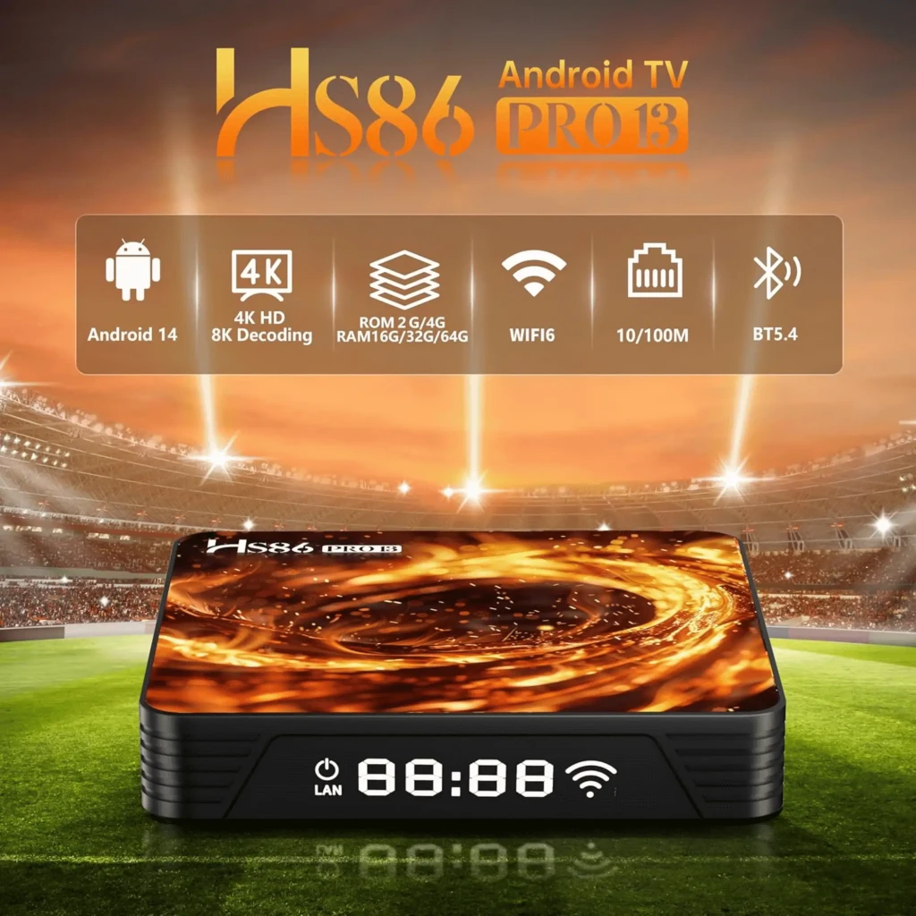 HS86 Pro13 Android TV Box compacto con pantalla LED frontal, puertos LAN y USB, iconos 8K 4K HDR10+, WiFi 6 Dual Band, diseño negro con remolino dorado en tapa