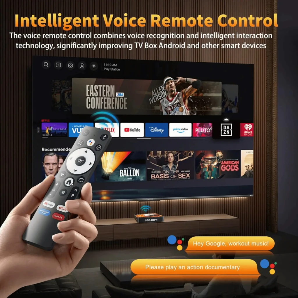 Control remoto por voz inteligente para TV Box Android con micrófono, botones de acceso a asistentes, navegación multimedia y diseño ergonómico con teclas