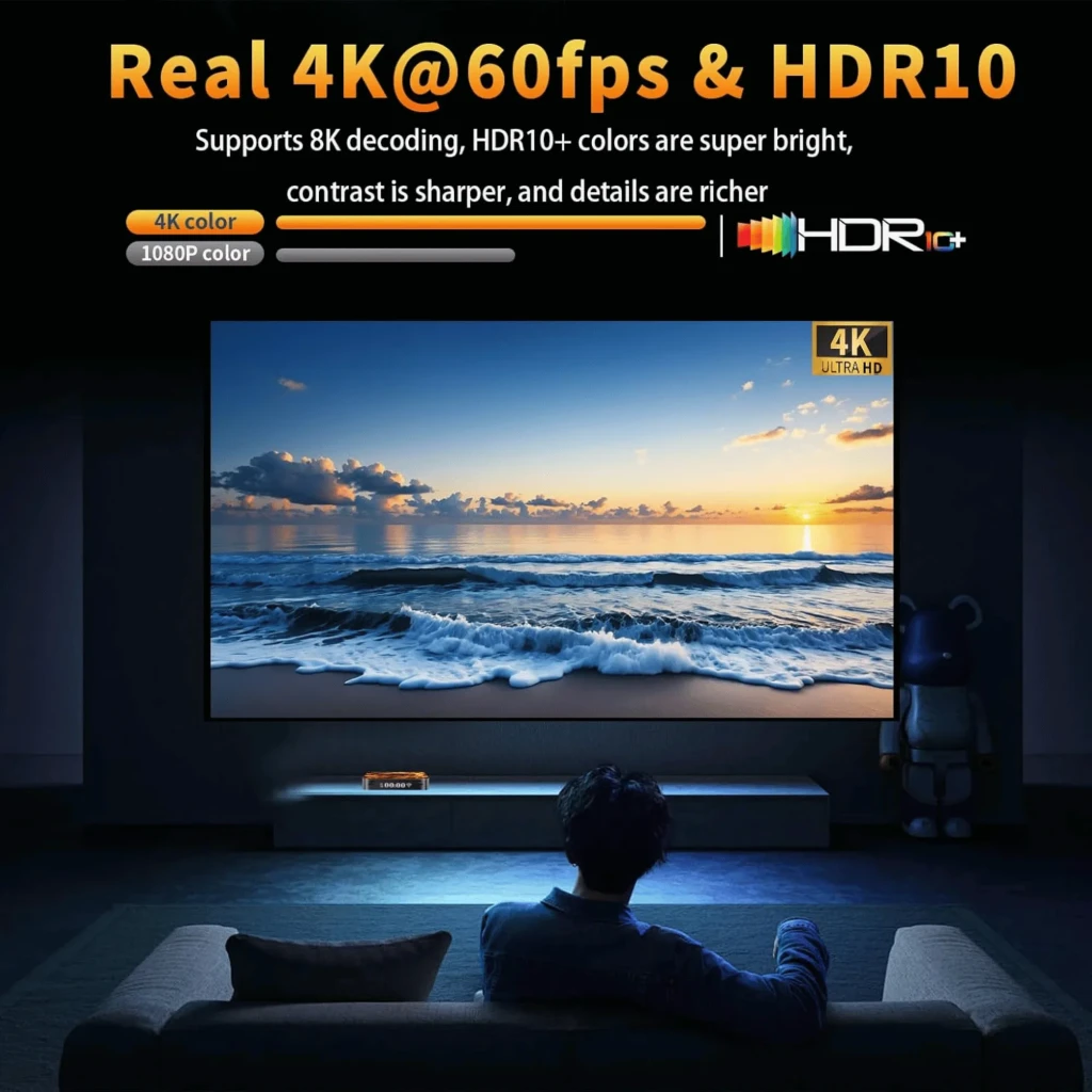 HS86 Pro13 4GB/32GB Android 14 con 8K decodifica, 4K a 60fps, HDR10+, WiFi 6 dual band; escena de sala con TV 4K mostrando paisaje marino brillante y detallado