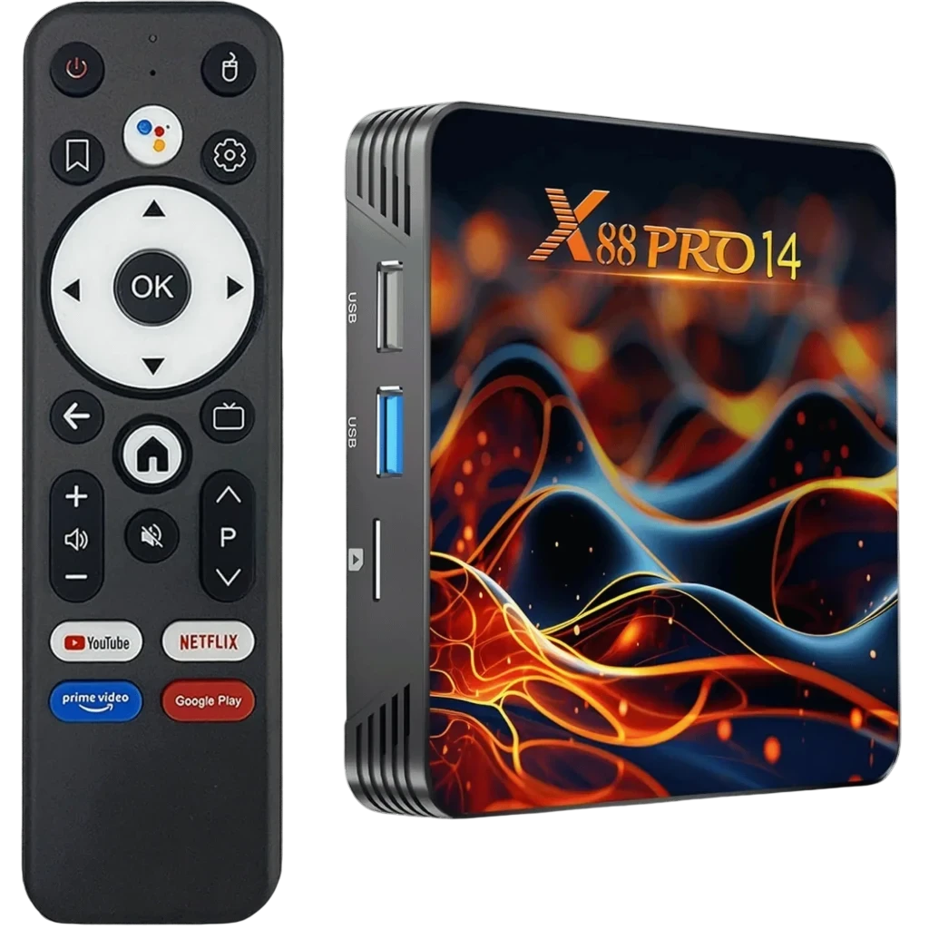 X88 PRO14 Android TV Box compacto com acabamento preto e arte colorida, entradas USB laterais, LED frontal azul e controle remoto com botões de apps streaming
