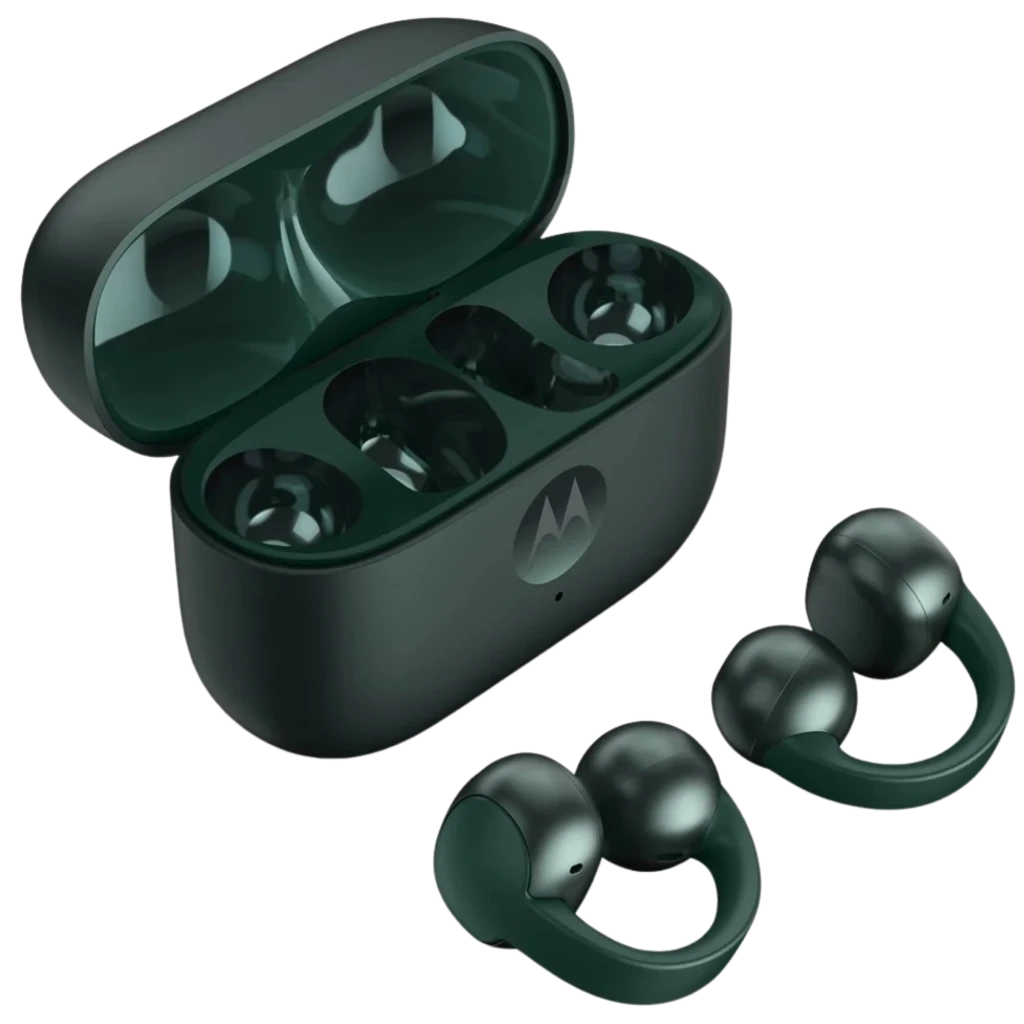 Auriculares Motorola Moto Buds Loop inalámbricos Bluetooth en verde oscuro con estuche de carga brillante, diseño con aros de sujeción y autonomía de 8 h