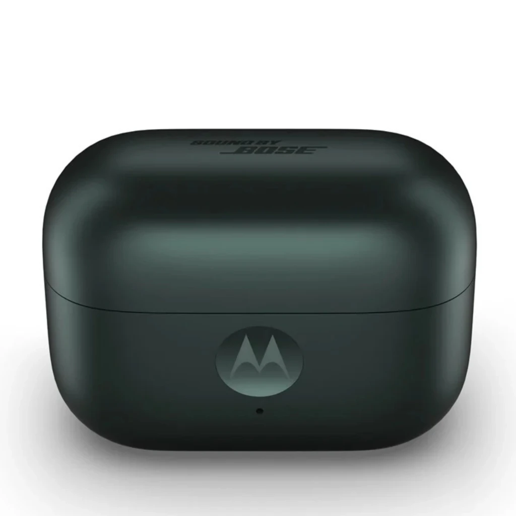 Estuche de carga verde oscuro compacto con logo Motorola frontal y tapa suave de bordes redondeados para Moto Buds Loop inalámbricos Bluetooth 8 h