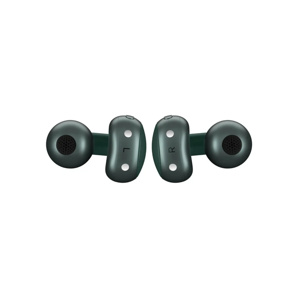 Auriculares intrauditivos verdes con ganchos ergonómicos, marcados L y R, diseño compacto y moderno, acabado mate, microranuras y puertos visibles