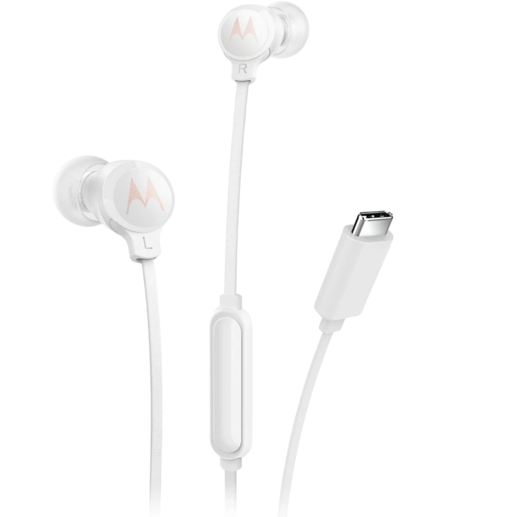 Motorola Earbuds 3C-S 9,4 mm Blanco con conector USB-C, auriculares intrauditivos, cable plano, control en línea y puntas de silicona suaves