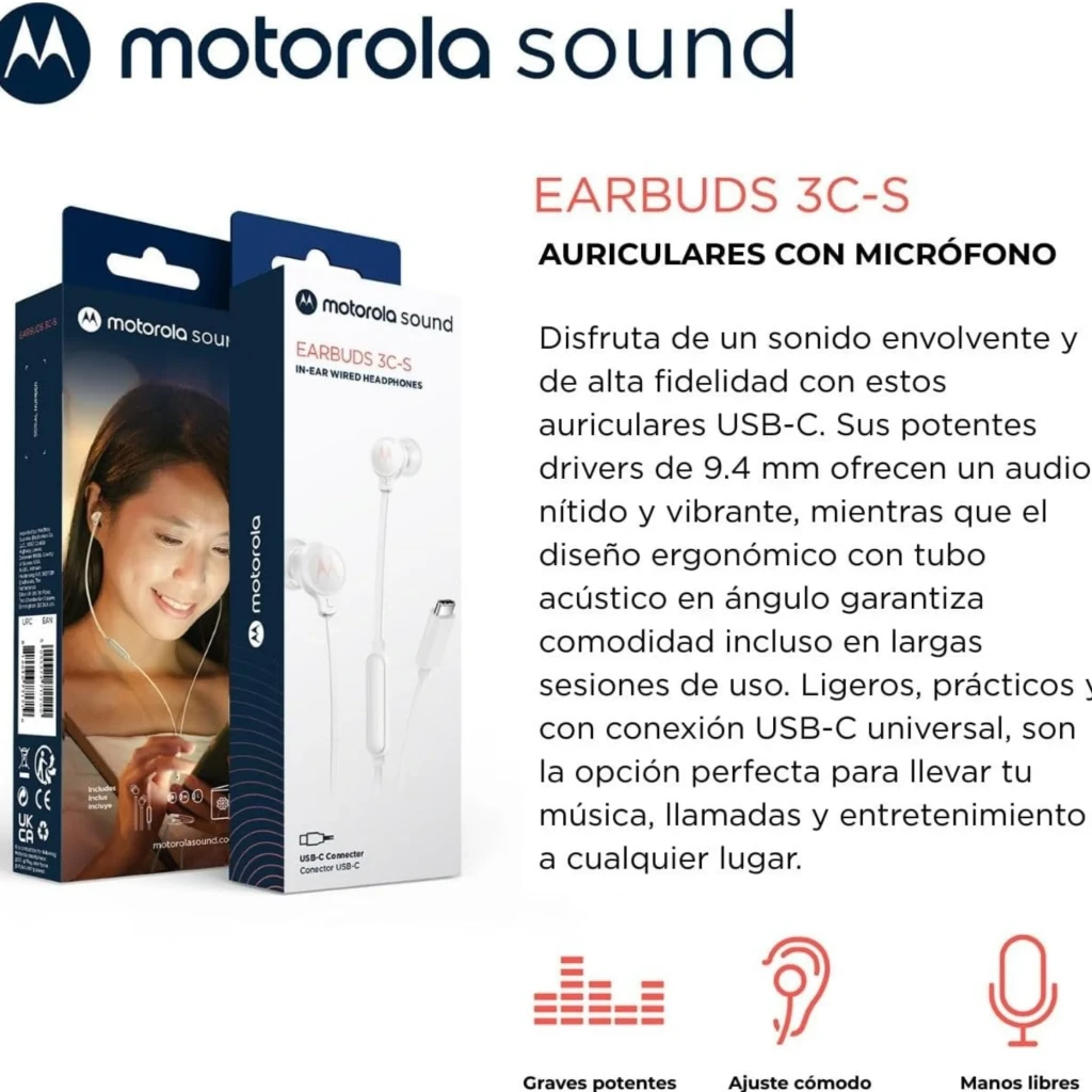 Auriculares Motorola Earbuds 3C-S blancos con drivers de 9,4 mm, diseño intrauditivo ergonómico, cable con micrófono y conector USB-C universal