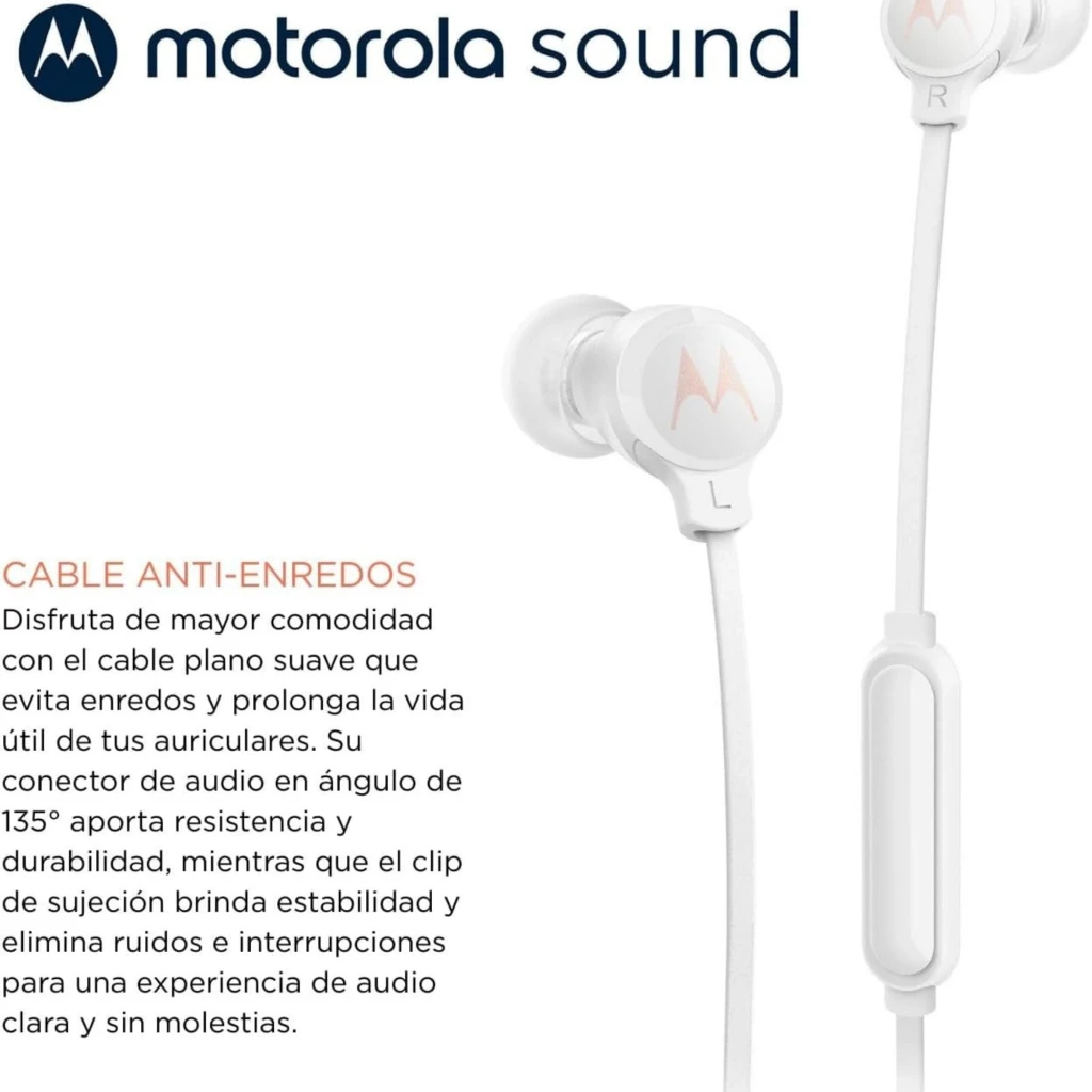 Auriculares Motorola Earbuds 3C-S blancos con drivers de 9,4 mm, cable plano anti-enredos, conector en ángulo de 135°, clip de sujeción y control en línea