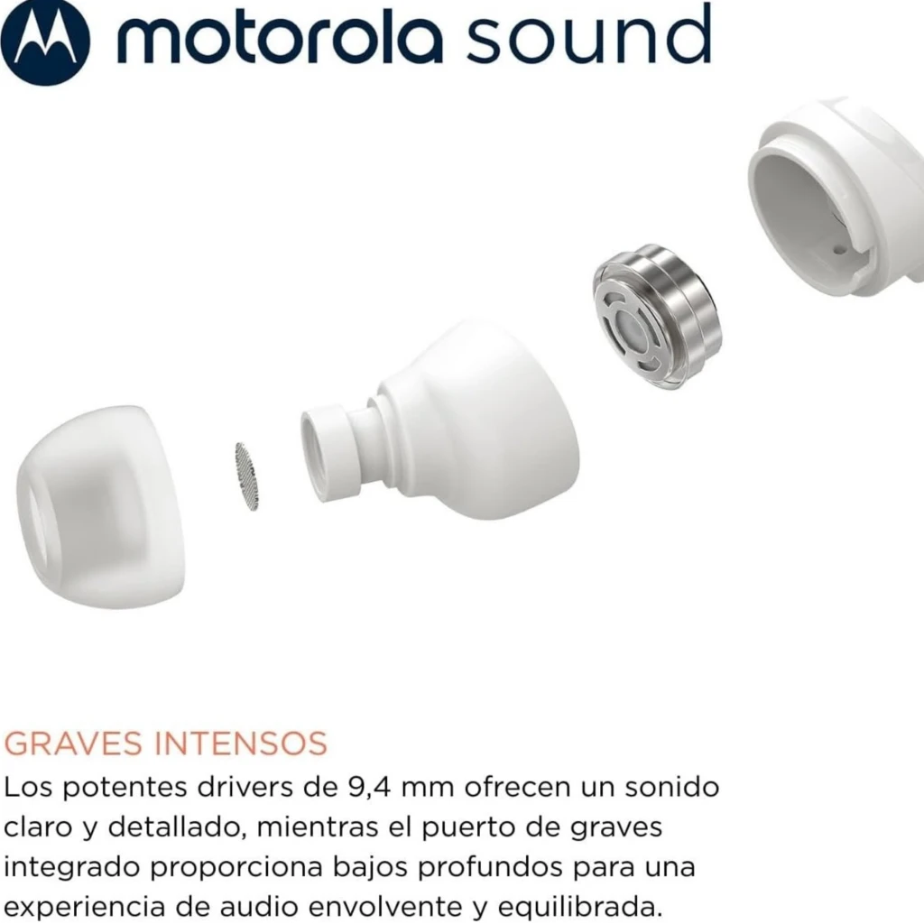 Auriculares Motorola Earbuds 3C-S blancos con drivers de 9,4 mm y puerto de graves integrado; diseño intrauditivo, carcasa brillante y almohadillas