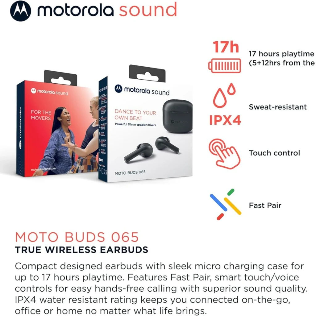 Motorola Moto Buds 065 negros con estuche compacto, control táctil y resistencia IPX4. Diseño in-ear, puntas de silicona y carga para hasta 17 h de uso