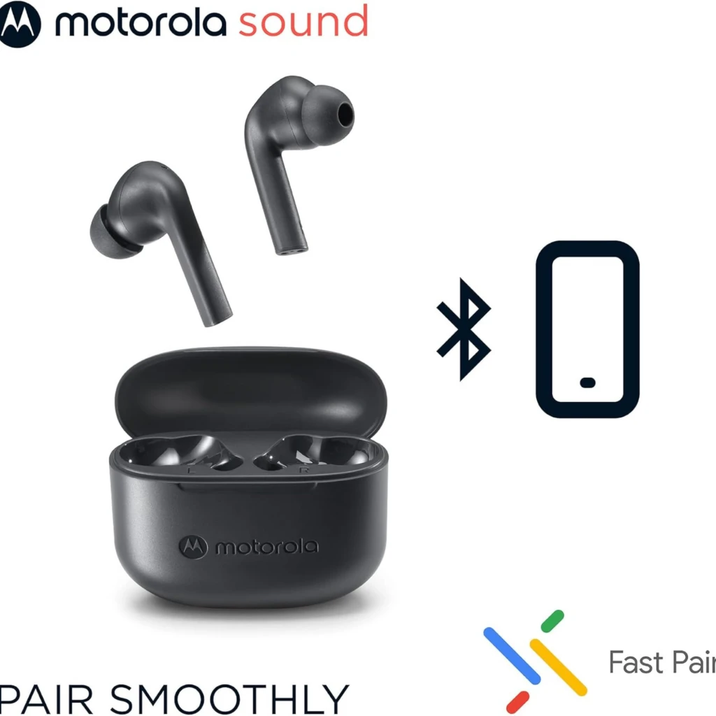 Auriculares Motorola Moto Buds 065 negros con estuche compacto, diseño intrauditivo, puntas de silicona y carga en base. Iconos Bluetooth y Fast Pair.