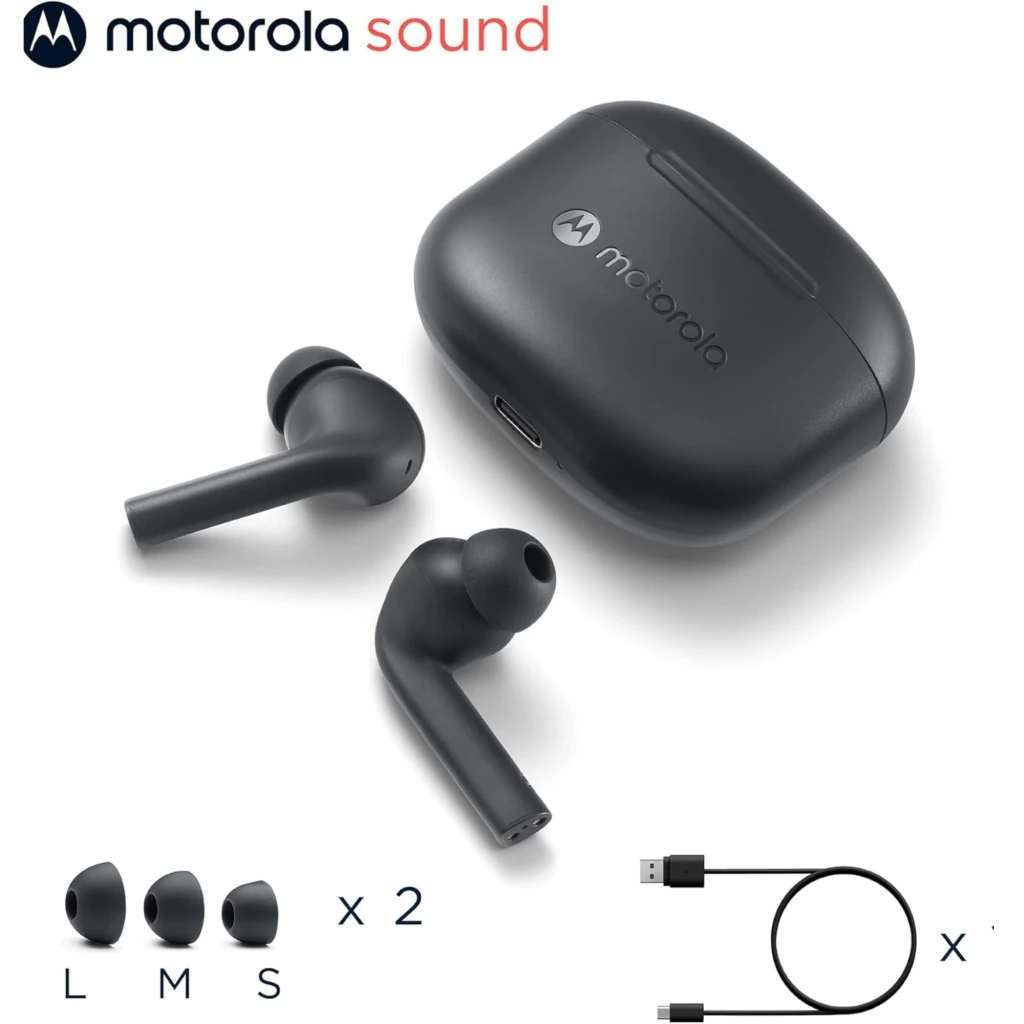 Motorola Moto Buds 065 negros con estuche compacto, USB‑C, almohadillas L M S, diseño intraaural con vástago, resistencia IPX4 y autonomía de hasta 17 h