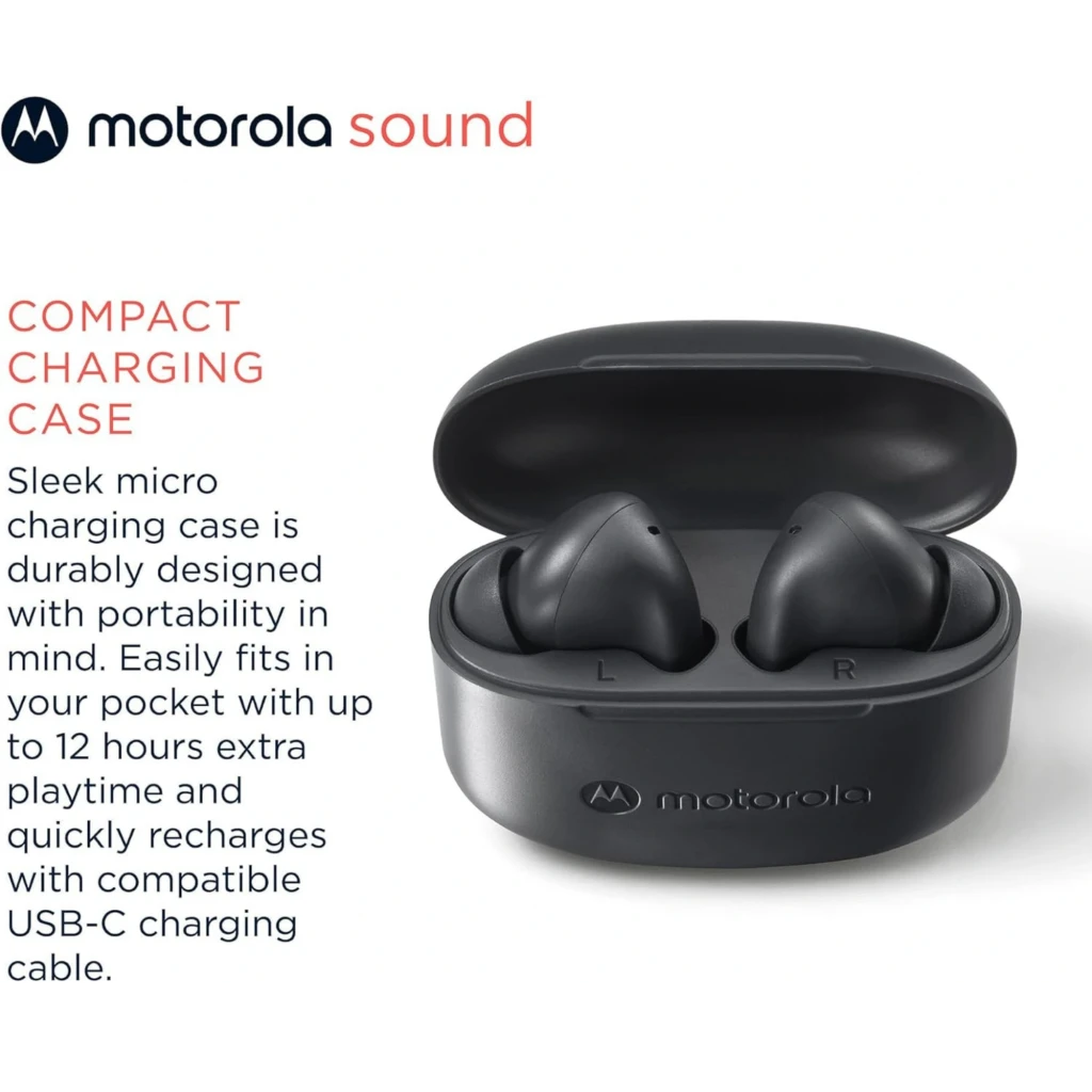 Estuche de carga compacto negro con auriculares intraurales L y R, diseño minimalista, puerto USB‑C y acabado mate, pensado para portabilidad y protección