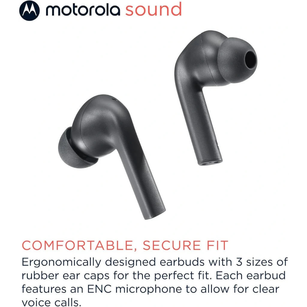 Motorola Moto Buds 065 negros, earbuds intrauditivos con diseño ergonómico, puntas de silicona en 3 tamaños, micrófono ENC y resistencia IPX4, hasta 17 h