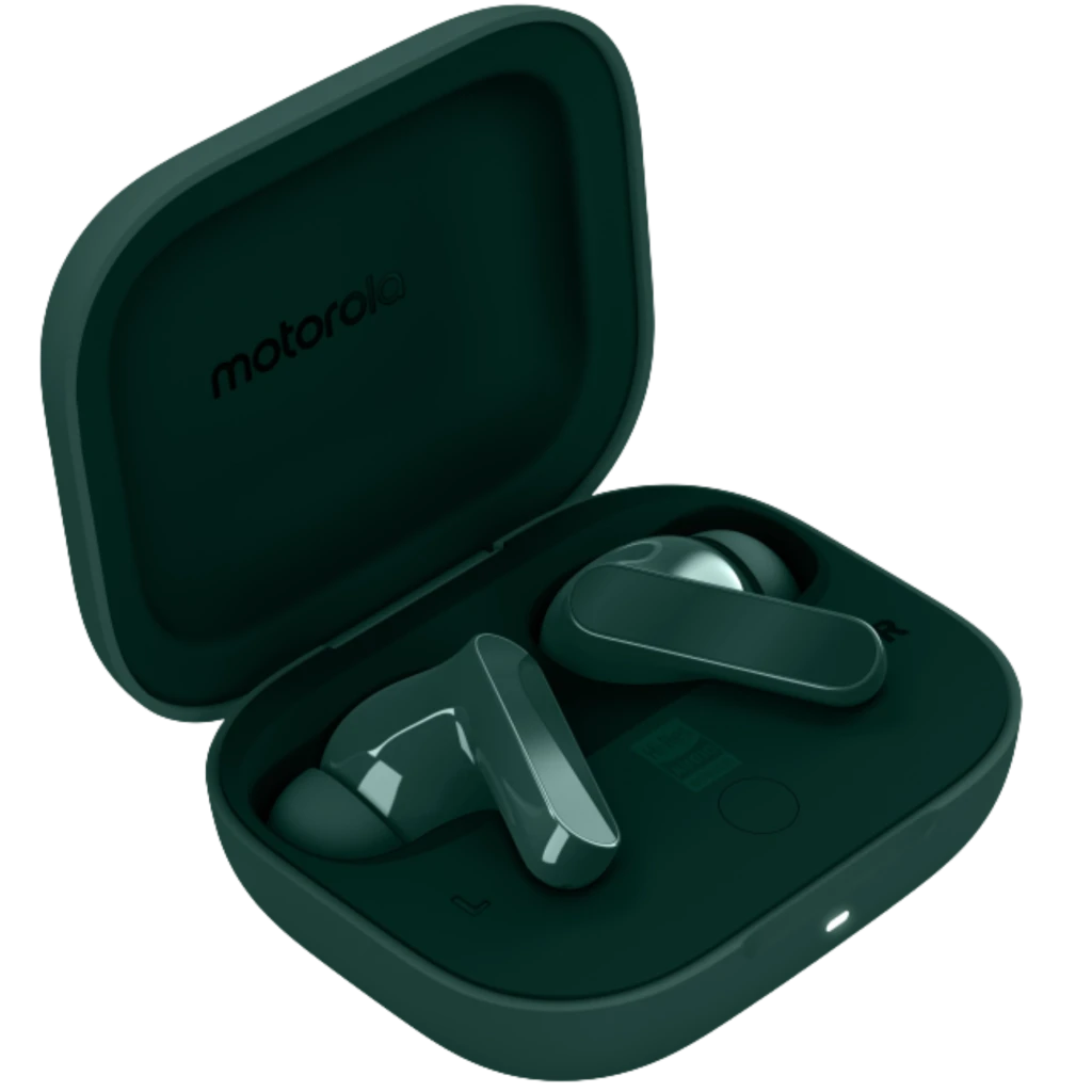 Motorola Moto Buds Bass Auriculares TWS Verde con estuche compacto mate, tapa abatible y LED frontal; earbuds ergonómicos con acabado brillante y puntas de