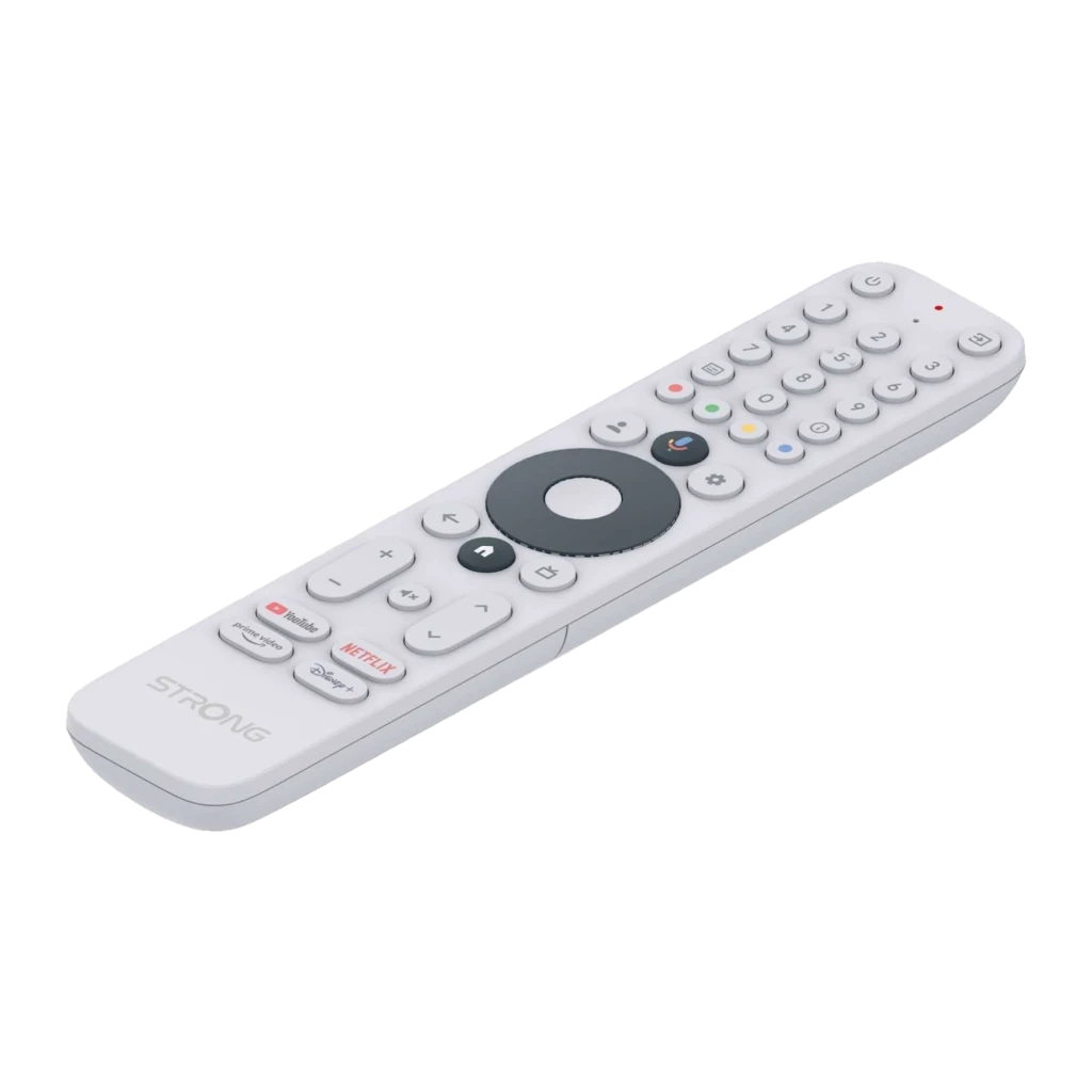 Control remoto blanco para Strong LEAP-AIR Ultimate Google TV Streaming con teclas dedicadas Netflix y YouTube, micrófono para asistente y botones de