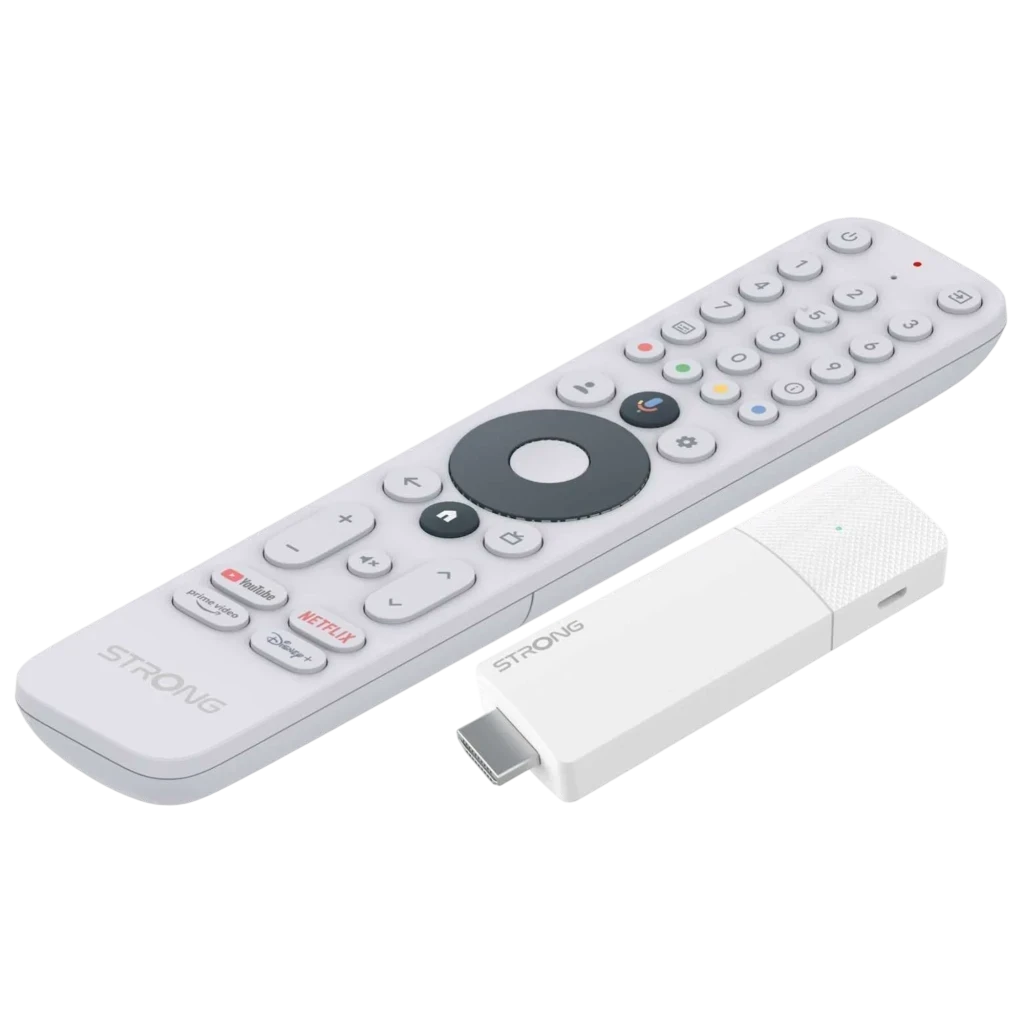 Strong LEAP-AIR Ultimate Google TV Streaming Android TV Stick blanco con control remoto; dongle HDMI compacto, LED indicador y mando con accesos a apps y voz
