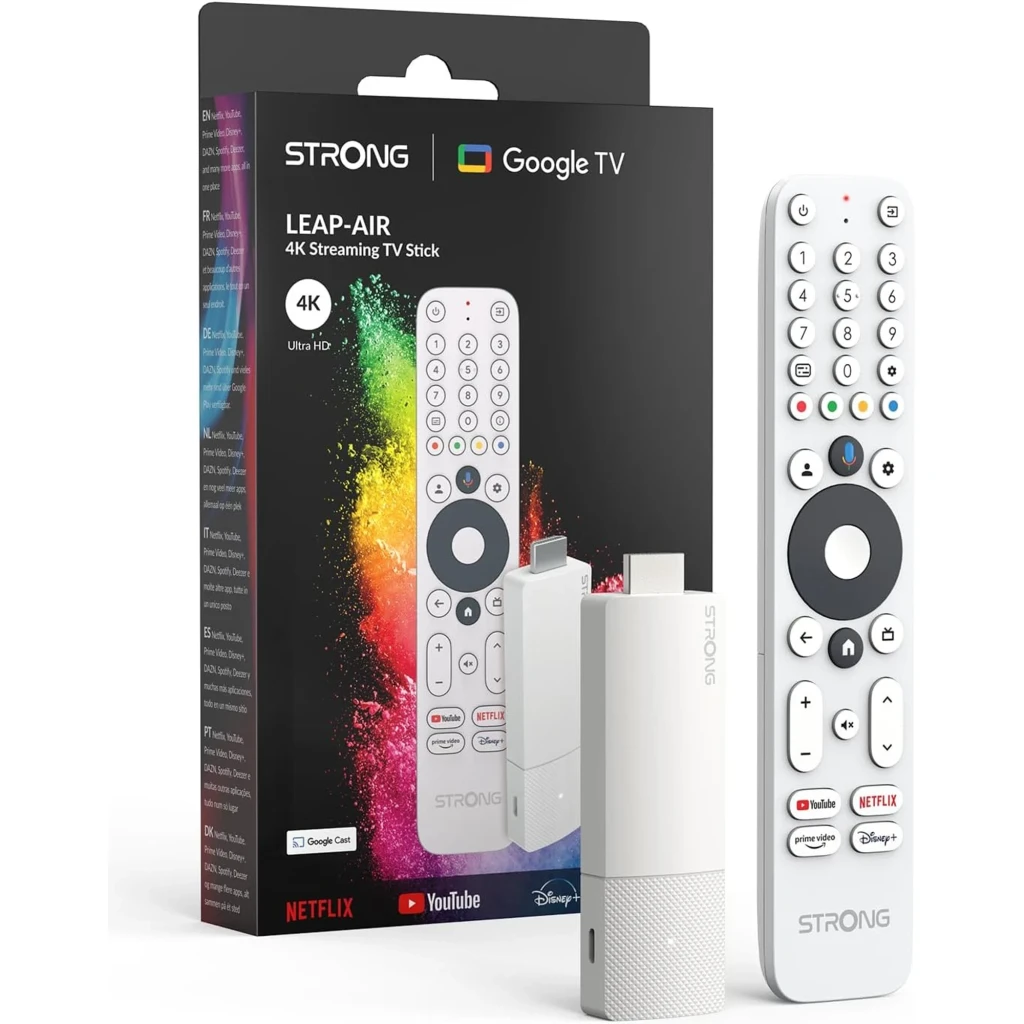 Stick Android TV blanco con HDMI, mando a distancia con micrófono y botones Netflix, YouTube y Disney+, compatible 4K Ultra HD y Google TV