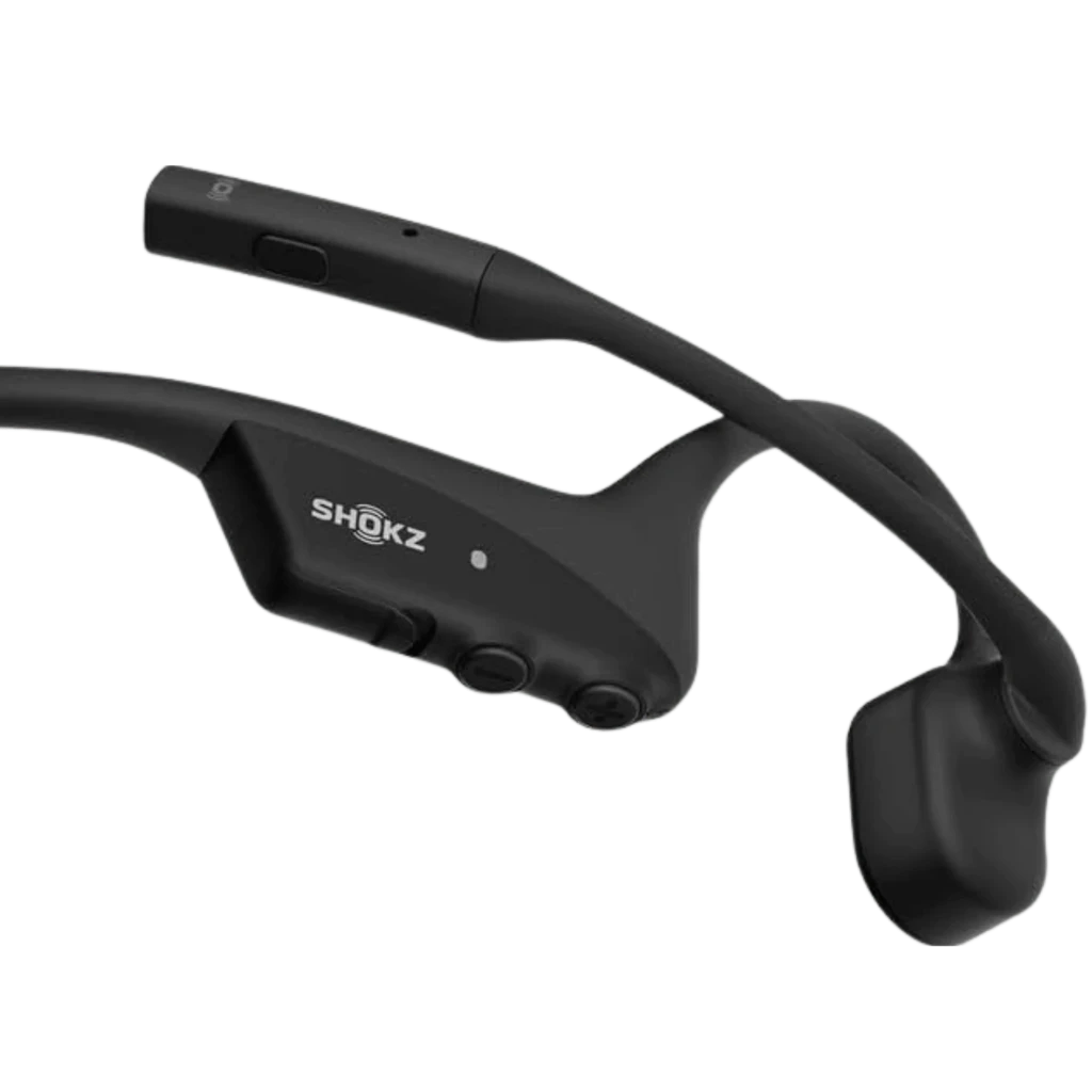 Auriculares Shokz Opencomm 2 2025 negros, diseño de conducción ósea con banda trasera flexible, micrófono con brazo, botones laterales y puerto de carga