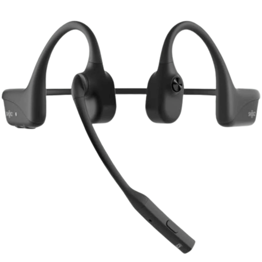 Shokz Opencomm 2 2025 auriculares de conducción ósea negros con diadema trasera flexible y micrófono boom con cancelación DSP, diseño liviano y ergonómico