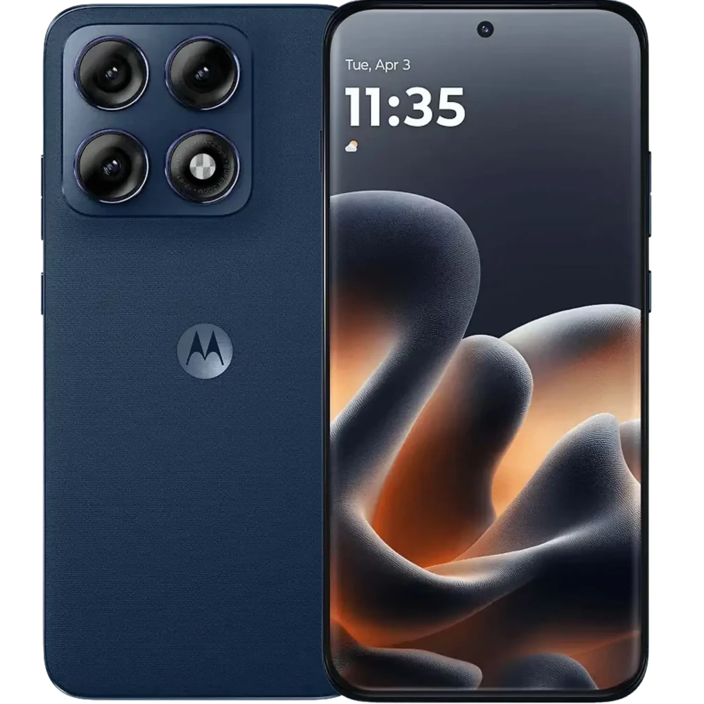 Motorola Edge 70 Pro 5G Titan, acabado azul mate, pantalla completa con cámara frontal en agujero y módulo trasero con cuatro lentes grandes y flash