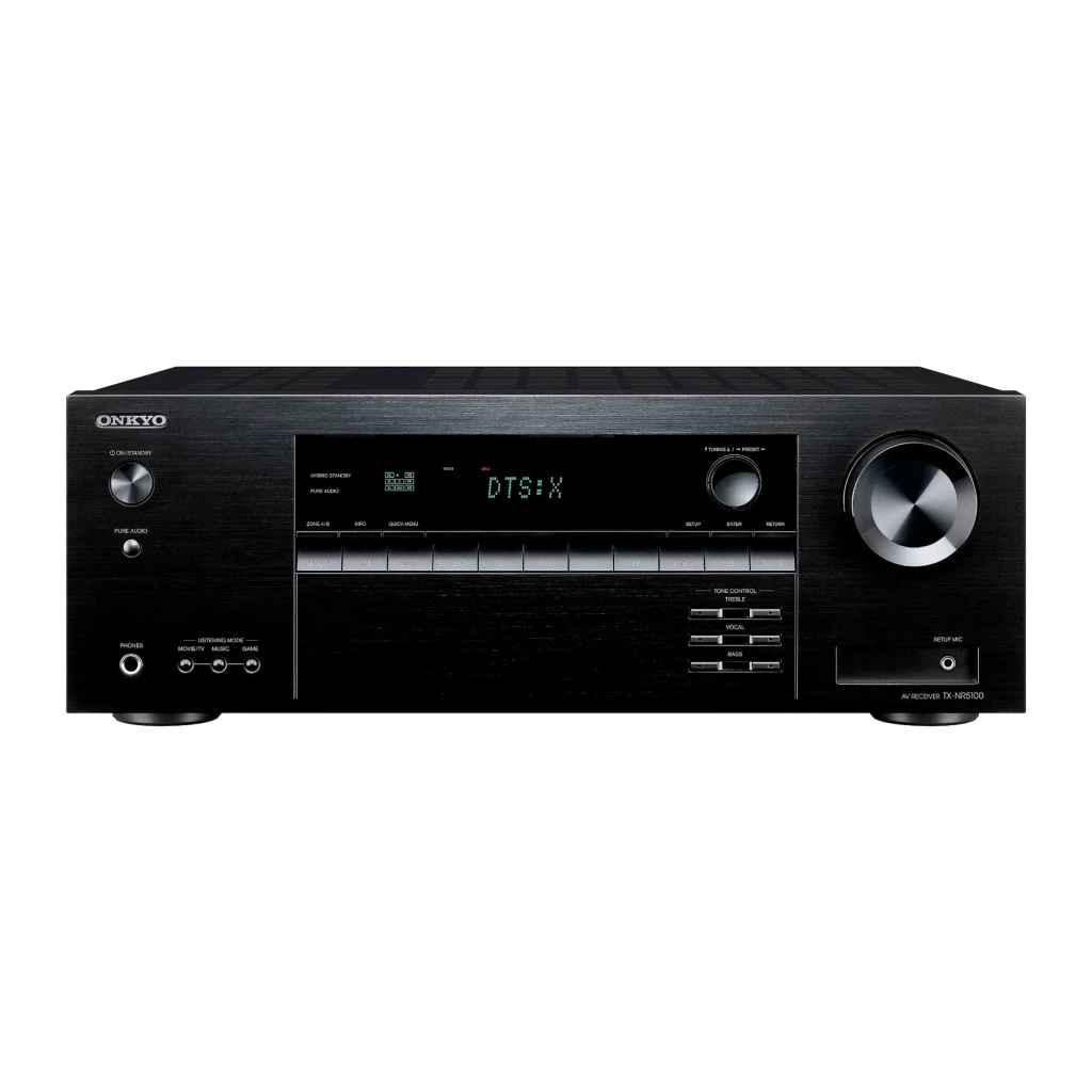 Frente del receptor AV Onkyo TX-NR5100 en negro con perilla de volumen grande, pantalla LED verde DTS:X, botones frontales y puerto auriculares