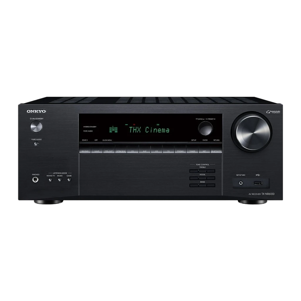 Receptor AV Onkyo TX-NR6100 Dolby Atmos DTS:X 165W en negro, panel frontal con pantalla THX Cinema, gran perilla de volumen, botones y puertos frontales
