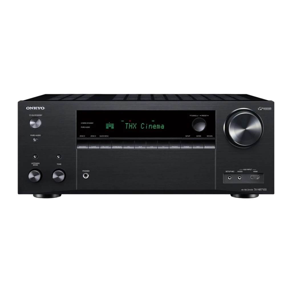 Receptor AV Onkyo TX-NR7100 negro con pantalla verde THX, gran perilla de volumen, botones frontales y entradas visibles; diseño robusto 170 W por canal