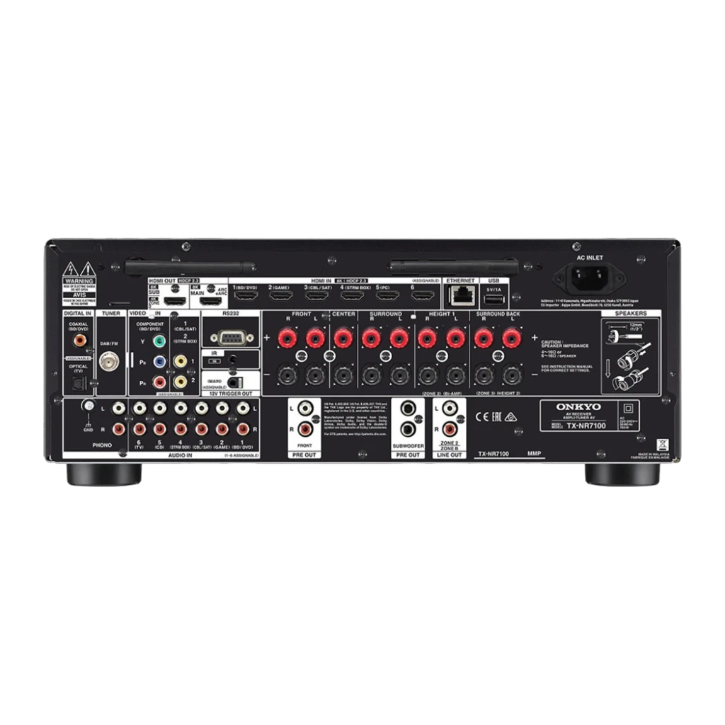 Panel trasero del Receptor AV Onkyo TX-NR7100 con múltiples entradas HDMI, salidas pre-out, terminales de altavoz rojos/negros y puertos ópticos y coaxiales