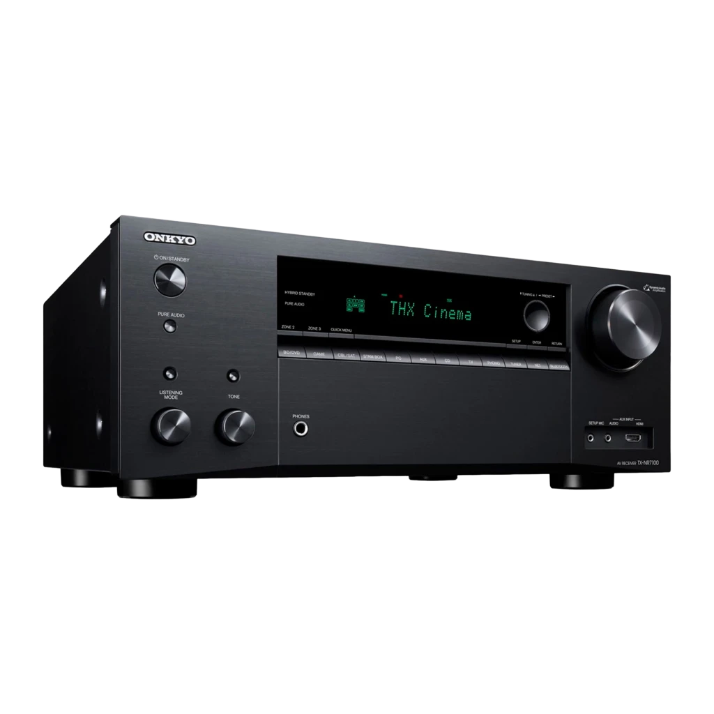 Receptor AV Onkyo TX-NR7100 negro con panel frontal cepillado, pantalla verde THX Cinema, gran perilla de volumen, botones y perillas laterales, diseño robusto