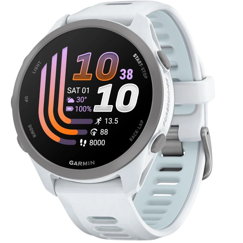 Garmin Forerunner 170 smartwatch blanco con pantalla AMOLED 1,2 pulgadas, bisel gris, correa de silicona perforada, botones laterales y esfera deportiva